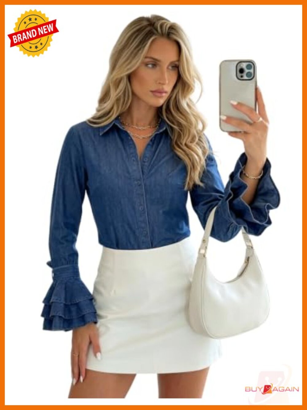 Button Down Shirt Long Sleeve Blouse Work Top Flared Sleeves